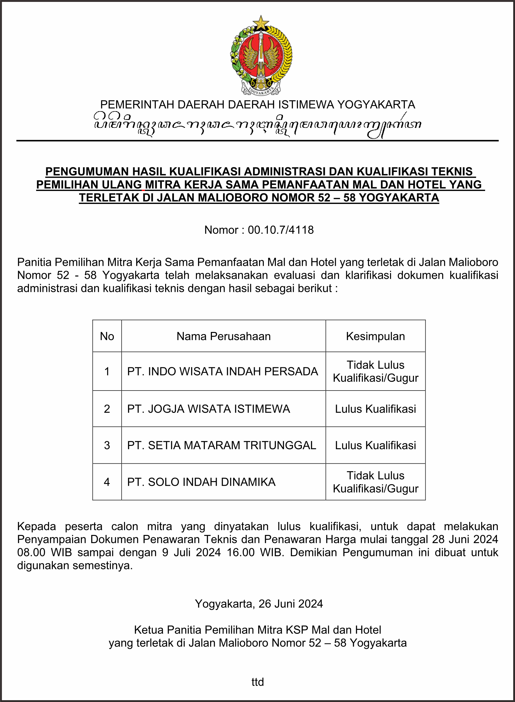 PENGUMUMAN HASIL KUALIFIKASI ADMINISTRASI DAN KUALIFIKASI TEKNIS PEMILIHAN ULANG MITRA KERJASAMA PEMANFAATAN MAL DAN HOTEL DI JALAN MALIOBORO
